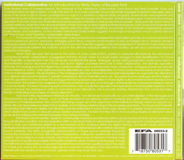 Jane Dowe, Terre Thaemlitz – Institutional Collaborative  MP CD 53, Mille Plateaux – MP CD 00